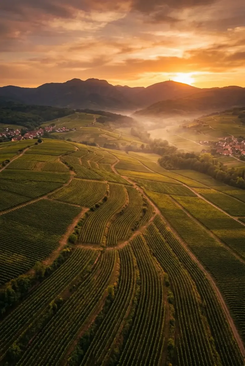 Vignoble alsacien au coucher du soleil