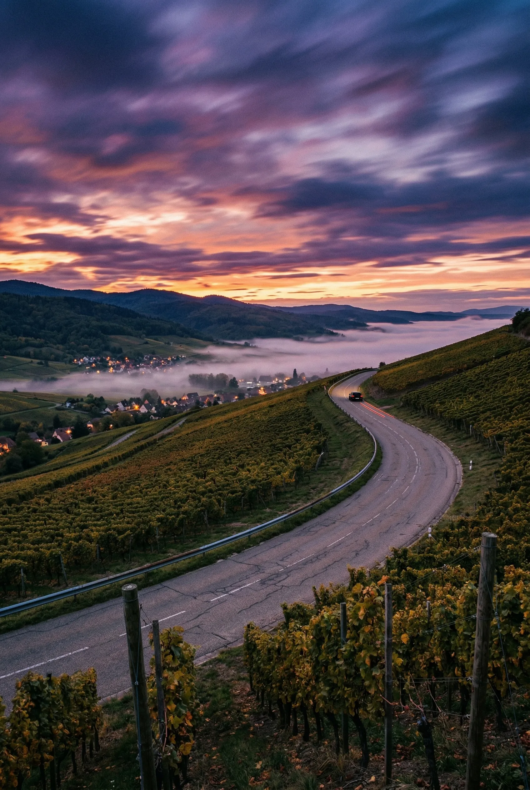Route des Vins d'Alsace au crepuscule