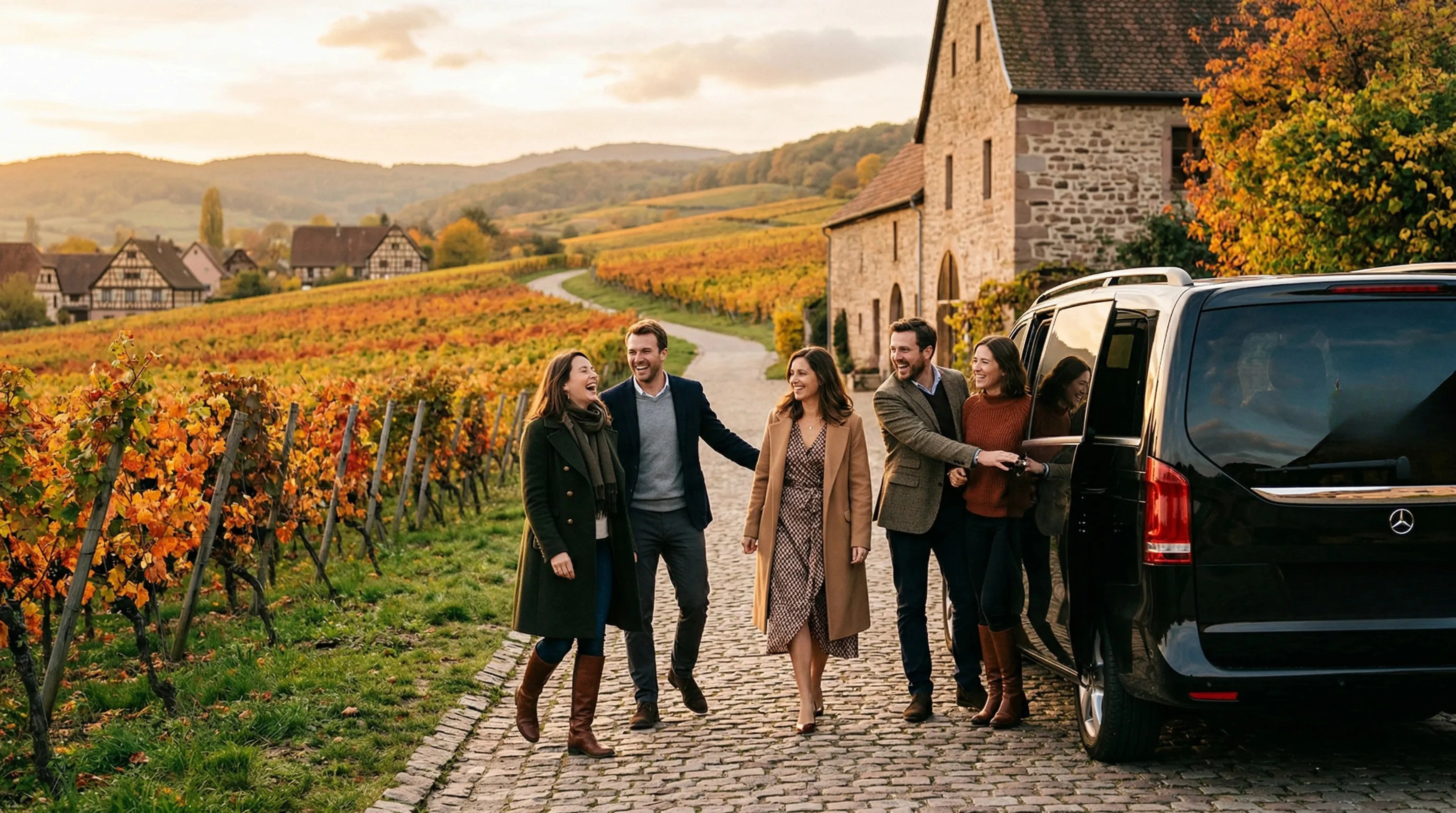 Groupe devant un van sur la Route des Vins